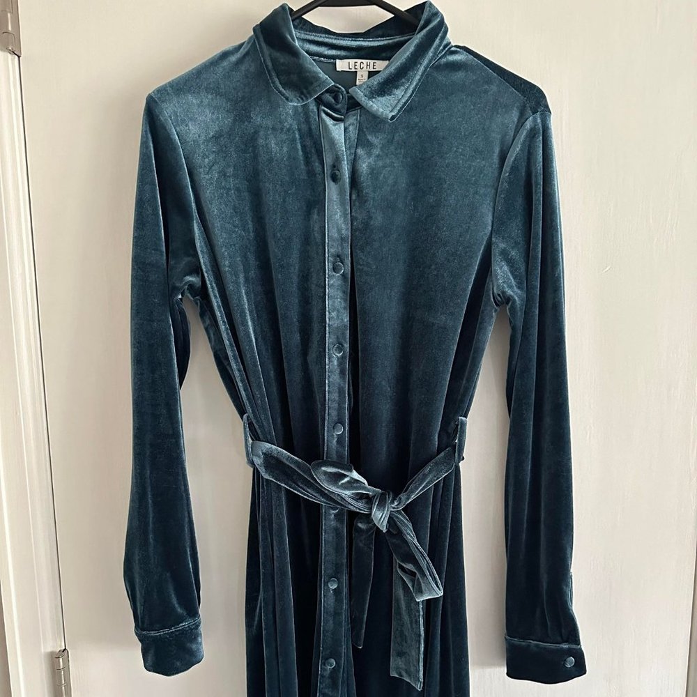 Leche Velvet Belted Button Up Dress